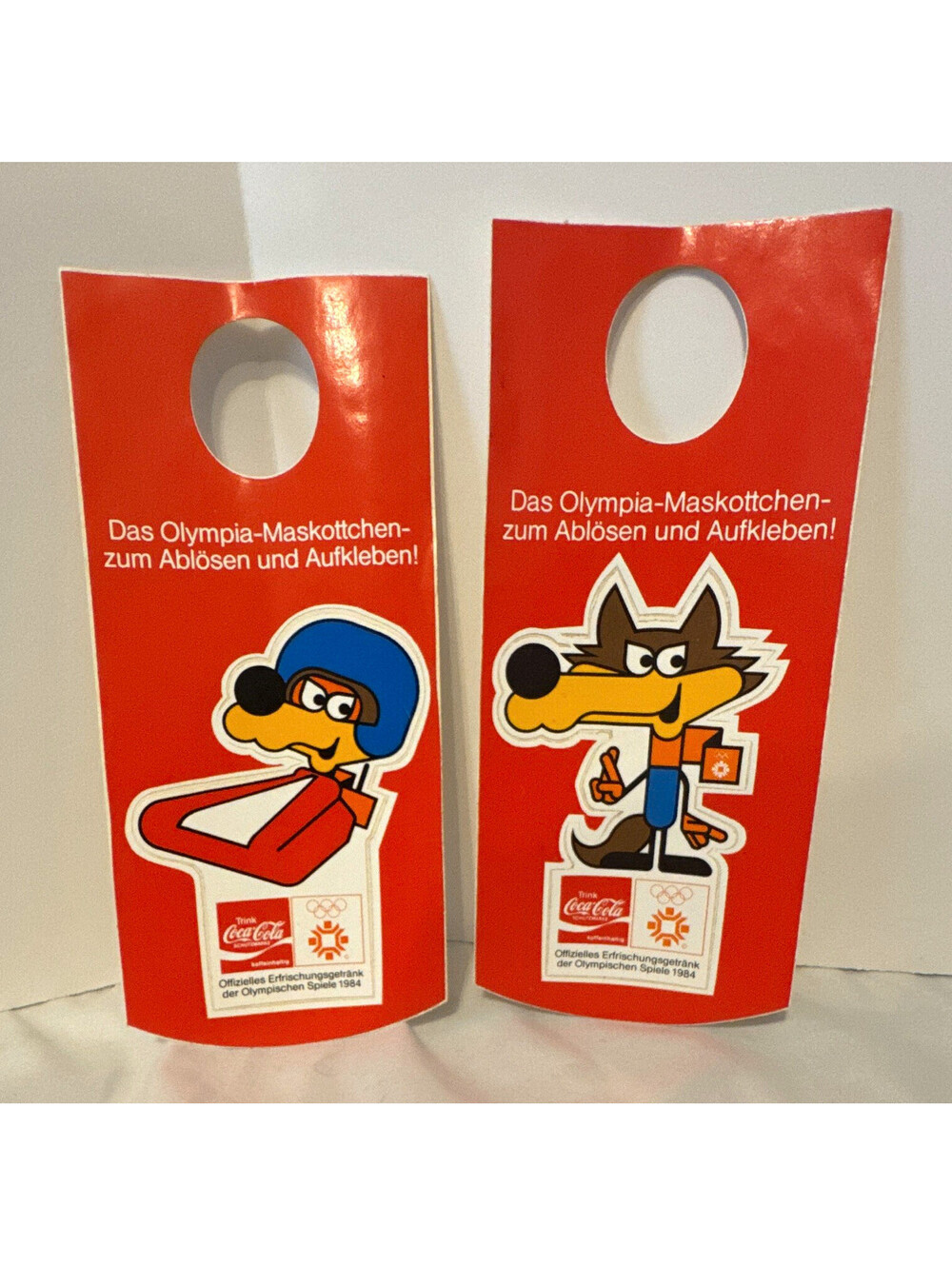 1984 Sarajevo Olympics Vucko Coca-Cola Mascot Sticker NOS German Promo Pair